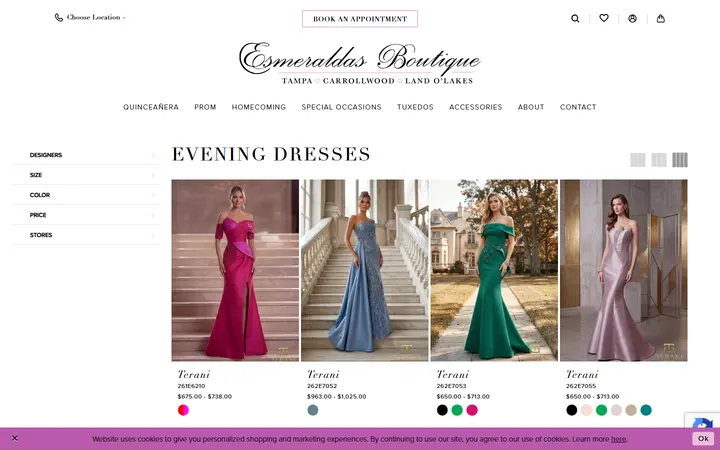 Website page titled Evening Dresses | Esmeralda's Boutique