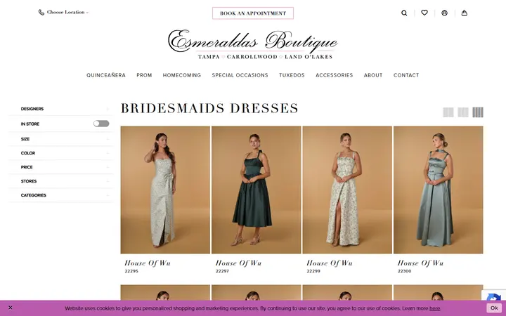 Website page titled Bridesmaids Dresses | Esmeralda's Boutique