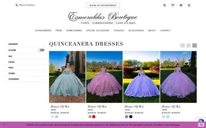 Website page titled Quinceanera Dresses | Esmeralda's Boutique