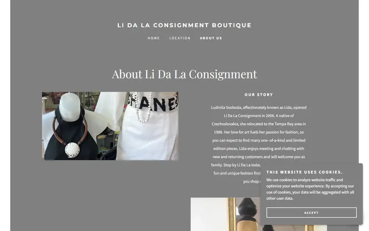 Website page titled About Us | Lida La Consignment