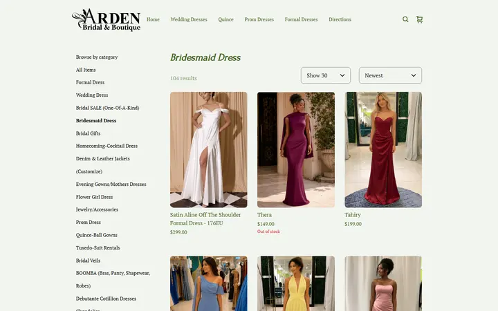 Website page titled Bridesmaid Dress | Arden Bridal & Boutique Tampa Florida Wedding Dress, Quinceañera Gown, Mother of the Bride, Mother of the Groom, Bridesmaids Dress, Flower Girl Dress, Pageant Dress, Homecoming Dress, Prom Dress, Tuxedo Rental, Suit Rental