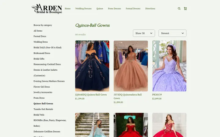 Website page titled Quince-Ball Gowns | Arden Bridal & Boutique Tampa Florida Wedding Dress, Quinceañera Gown, Mother of the Bride, Mother of the Groom, Bridesmaids Dress, Flower Girl Dress, Pageant Dress, Homecoming Dress, Prom Dress, Tuxedo Rental, Suit Rental