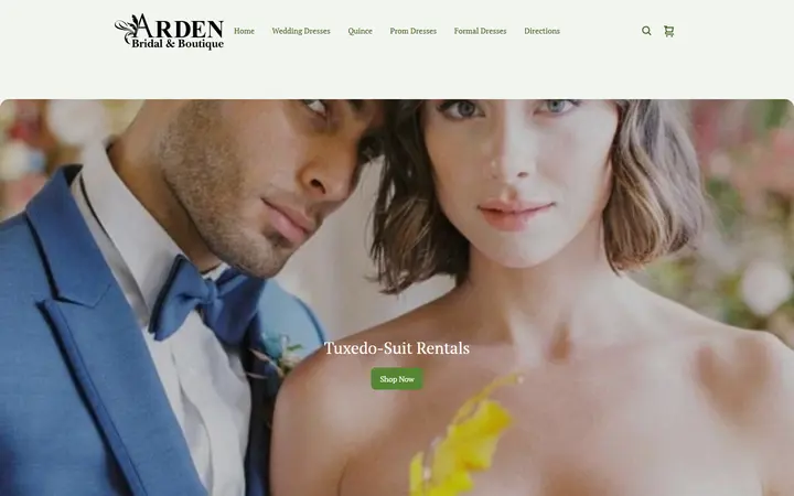 Website page titled Tuxedo/Suits | Arden Bridal & Boutique Tampa Florida Wedding Dress, Quinceañera Gown, Mother of the Bride, Mother of the Groom, Bridesmaids Dress, Flower Girl Dress, Pageant Dress, Homecoming Dress, Prom Dress, Tuxedo Rental, Suit Rental