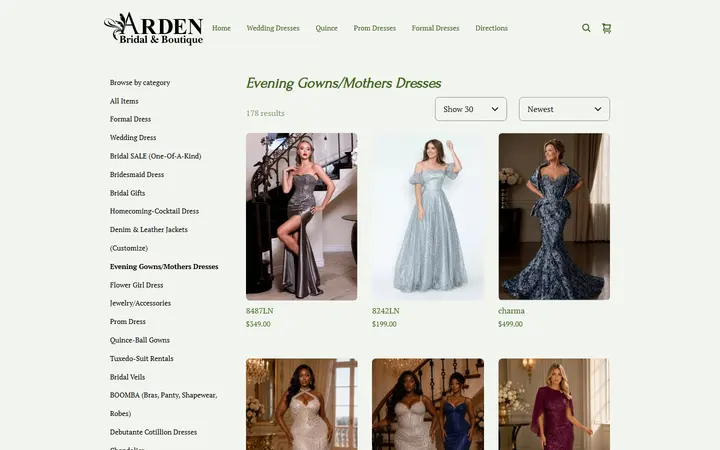 Website page titled Mothers Dress and Evening Gowns | Arden Bridal & Boutique Tampa Florida Wedding Dress, Quinceañera Gown, Mother of the Bride, Mother of the Groom, Bridesmaids Dress, Flower Girl Dress, Pageant Dress, Homecoming Dress, Prom Dress, Tuxedo Rental, Suit Rental