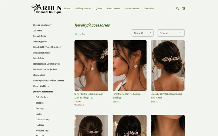 Website page titled Bridal Jewelry and Hair Accessories | Arden Bridal & Boutique Tampa Florida Wedding Dress, Quinceañera Gown, Mother of the Bride, Mother of the Groom, Bridesmaids Dress, Flower Girl Dress, Pageant Dress, Homecoming Dress, Prom Dress, Tuxedo Rental, Suit Rental