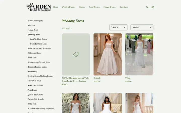 Website page titled Wedding Dress | Arden Bridal & Boutique Tampa Florida Wedding Dress, Quinceañera Gown, Mother of the Bride, Mother of the Groom, Bridesmaids Dress, Flower Girl Dress, Pageant Dress, Homecoming Dress, Prom Dress, Tuxedo Rental, Suit Rental