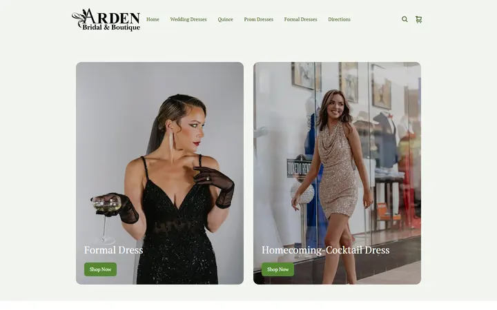 Website page titled Prom/Homecoming | Arden Bridal & Boutique Tampa Florida Wedding Dress, Quinceañera Gown, Mother of the Bride, Mother of the Groom, Bridesmaids Dress, Flower Girl Dress, Pageant Dress, Homecoming Dress, Prom Dress, Tuxedo Rental, Suit Rental