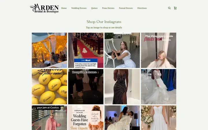 Website page titled Instagram | Arden Bridal & Boutique Tampa Florida Wedding Dress, Quinceañera Gown, Mother of the Bride, Mother of the Groom, Bridesmaids Dress, Flower Girl Dress, Pageant Dress, Homecoming Dress, Prom Dress, Tuxedo Rental, Suit Rental