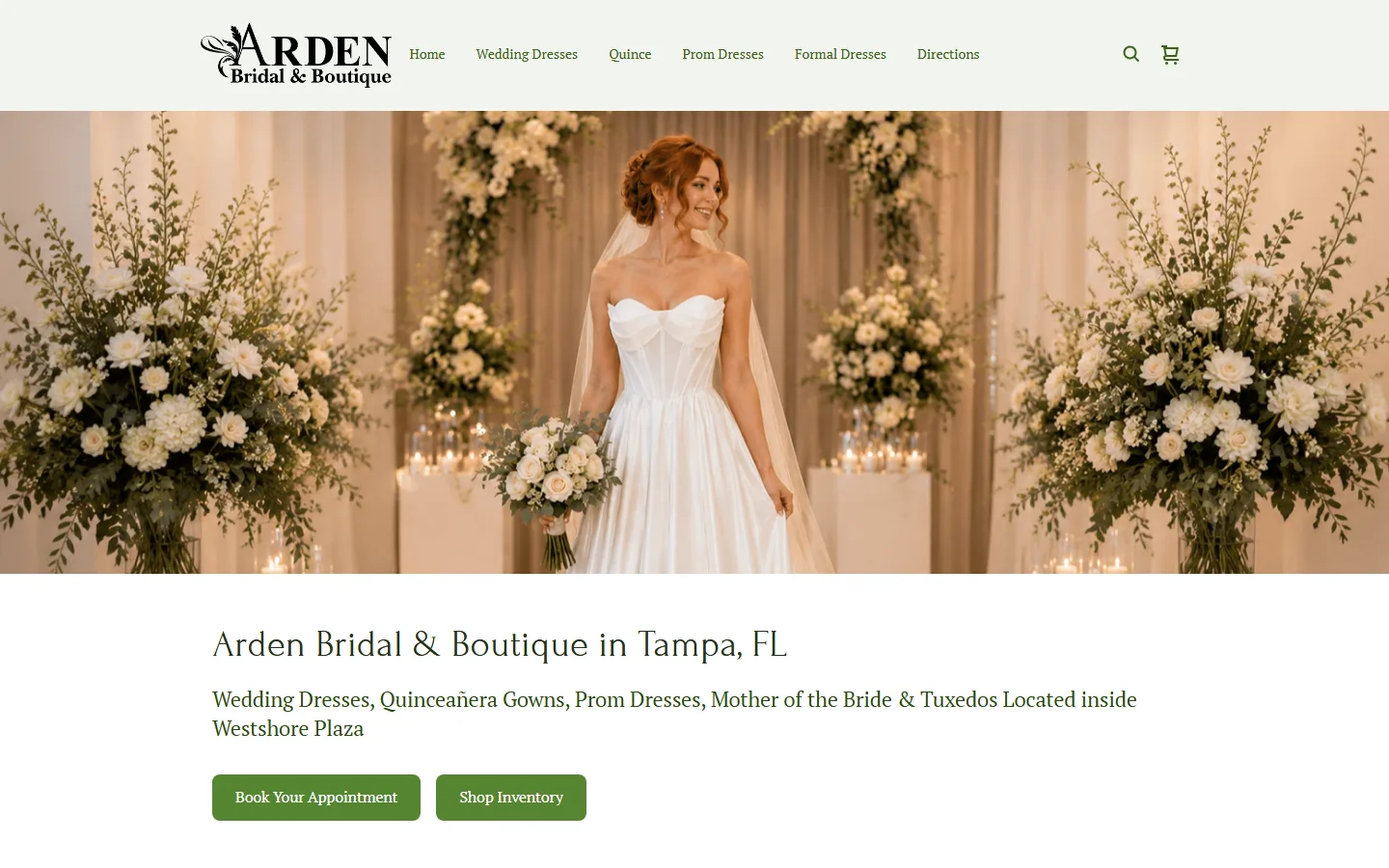 Viewport capture of Arden Bridal & Boutique website