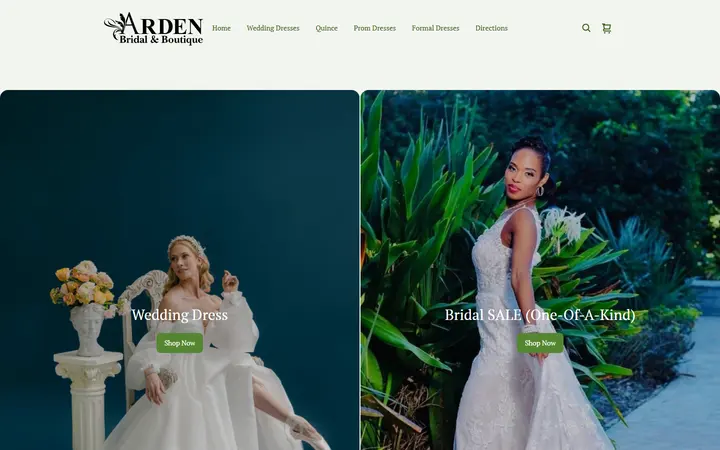 Website page titled Bridal Gowns | Arden Bridal & Boutique Tampa Florida Wedding Dress, Quinceañera Gown, Mother of the Bride, Mother of the Groom, Bridesmaids Dress, Flower Girl Dress, Pageant Dress, Homecoming Dress, Prom Dress, Tuxedo Rental, Suit Rental