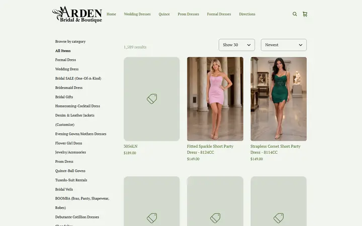 Website page titled Arden Bridal & Boutique Tampa Florida Wedding Dress, Quinceañera Gown, Mother of the Bride, Mother of the Groom, Bridesmaids Dress, Flower Girl Dress, Pageant Dress, Homecoming Dress, Prom Dress, Tuxedo Rental, Suit Rental