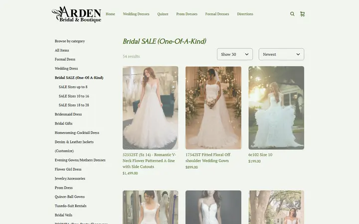 Website page titled Bridal SALE (One-Of-A-Kind) | Arden Bridal & Boutique Tampa Florida Wedding Dress, Quinceañera Gown, Mother of the Bride, Mother of the Groom, Bridesmaids Dress, Flower Girl Dress, Pageant Dress, Homecoming Dress, Prom Dress, Tuxedo Rental, Suit Rental