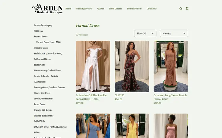 Website page titled Formal Dress | Arden Bridal & Boutique Tampa Florida Wedding Dress, Quinceañera Gown, Mother of the Bride, Mother of the Groom, Bridesmaids Dress, Flower Girl Dress, Pageant Dress, Homecoming Dress, Prom Dress, Tuxedo Rental, Suit Rental