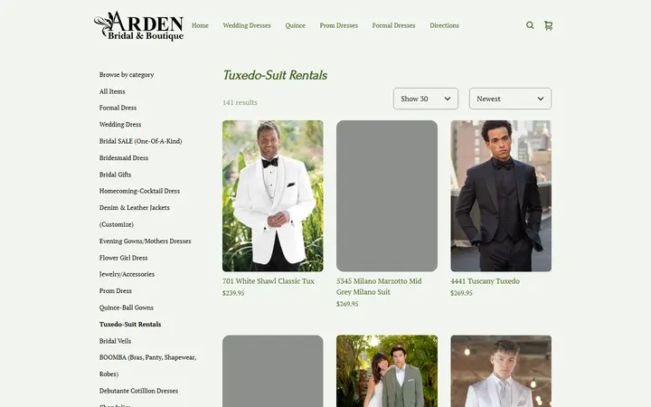 Website page titled Tuxedo-Suit Rentals | Arden Bridal & Boutique Tampa Florida Wedding Dress, Quinceañera Gown, Mother of the Bride, Mother of the Groom, Bridesmaids Dress, Flower Girl Dress, Pageant Dress, Homecoming Dress, Prom Dress, Tuxedo Rental, Suit Rental