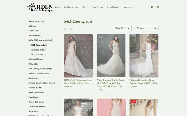 Website page titled SALE Sizes up to 8 | Arden Bridal & Boutique Tampa Florida Wedding Dress, Quinceañera Gown, Mother of the Bride, Mother of the Groom, Bridesmaids Dress, Flower Girl Dress, Pageant Dress, Homecoming Dress, Prom Dress, Tuxedo Rental, Suit Rental