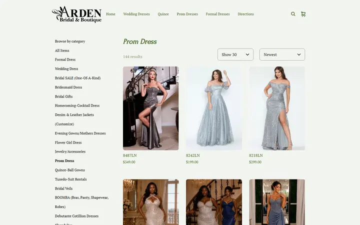 Website page titled PromDressesTampaFL | Arden Bridal & Boutique Tampa Florida Wedding Dress, Quinceañera Gown, Mother of the Bride, Mother of the Groom, Bridesmaids Dress, Flower Girl Dress, Pageant Dress, Homecoming Dress, Prom Dress, Tuxedo Rental, Suit Rental