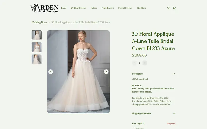 Website page titled BL233 Azure | Arden Bridal & Boutique Tampa Florida Wedding Dress, Quinceañera Gown, Mother of the Bride, Mother of the Groom, Bridesmaids Dress, Flower Girl Dress, Pageant Dress, Homecoming Dress, Prom Dress, Tuxedo Rental, Suit Rental