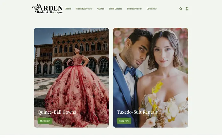 Website page titled Quince | Arden Bridal & Boutique Tampa Florida Wedding Dress, Quinceañera Gown, Mother of the Bride, Mother of the Groom, Bridesmaids Dress, Flower Girl Dress, Pageant Dress, Homecoming Dress, Prom Dress, Tuxedo Rental, Suit Rental