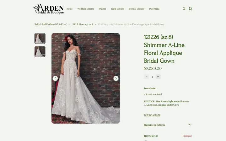 Website page titled 121226 (sz.8) Shimmer A-Line Floral Applique Bridal Gown | Arden Bridal & Boutique Tampa Florida Wedding Dress, Quinceañera Gown, Mother of the Bride, Mother of the Groom, Bridesmaids Dress, Flower Girl Dress, Pageant Dress, Homecoming Dress, Prom Dress, Tuxedo Rental, Suit Rental