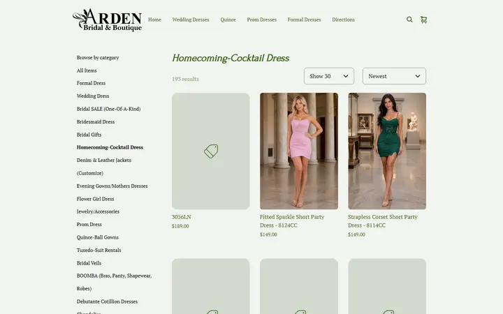 Website page titled Homecoming-Cocktail Dress | Arden Bridal & Boutique Tampa Florida Wedding Dress, Quinceañera Gown, Mother of the Bride, Mother of the Groom, Bridesmaids Dress, Flower Girl Dress, Pageant Dress, Homecoming Dress, Prom Dress, Tuxedo Rental, Suit Rental