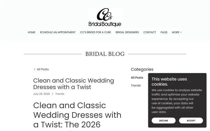 Website page titled Clean and Classic Wedding Dresses with a Twist