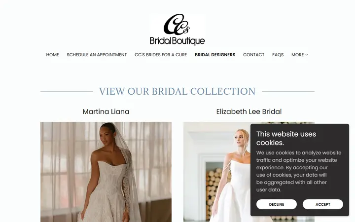 Website page titled CC's Bridal Boutique in Tampa, Florida