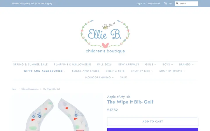 Website page titled The Wipe It Bib- Golf – Ellie B. Children's Boutique