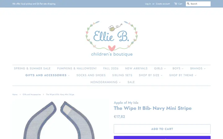 Website page titled The Wipe It Bib- Navy Mini Stripe – Ellie B. Children's Boutique