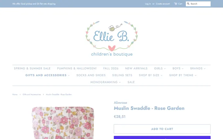 Website page titled Muslin Swaddle - Rose Garden – Ellie B. Children's Boutique