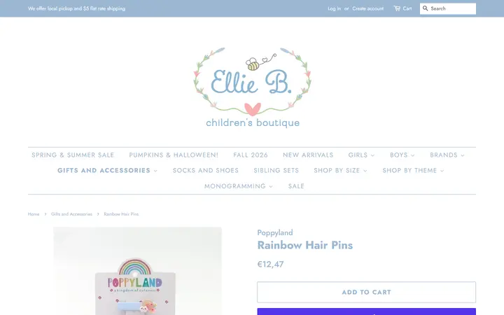 Website page titled Rainbow Hair Pins – Ellie B. Children's Boutique
