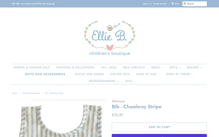 Website page titled Bib - Chambray Stripe – Ellie B. Children's Boutique