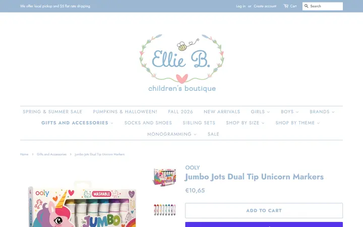 Website page titled Jumbo Jots Dual Tip Unicorn Markers – Ellie B. Children's Boutique