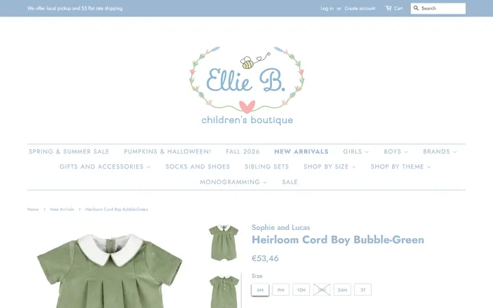 Website page titled Heirloom Cord Boy Bubble-Green – Ellie B. Children's Boutique