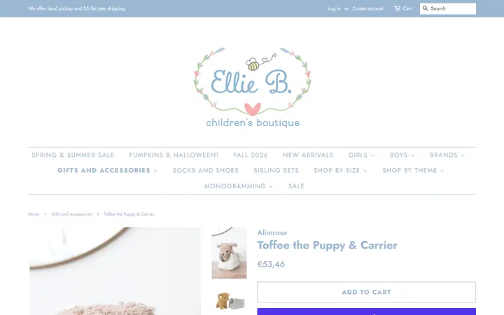 Website page titled Toffee the Puppy & Carrier – Ellie B. Children's Boutique