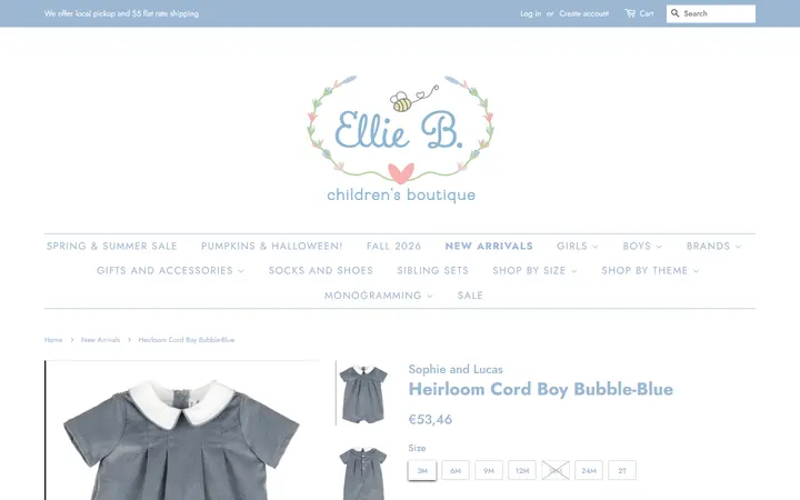 Website page titled Heirloom Cord Boy Bubble-Blue – Ellie B. Children's Boutique