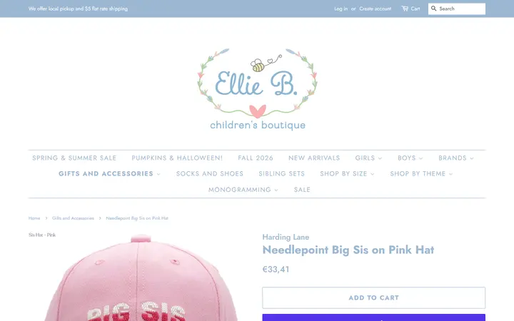 Website page titled Needlepoint Big Sis on Pink Hat – Ellie B. Children's Boutique