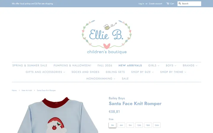 Website page titled Santa Face Knit Romper – Ellie B. Children's Boutique