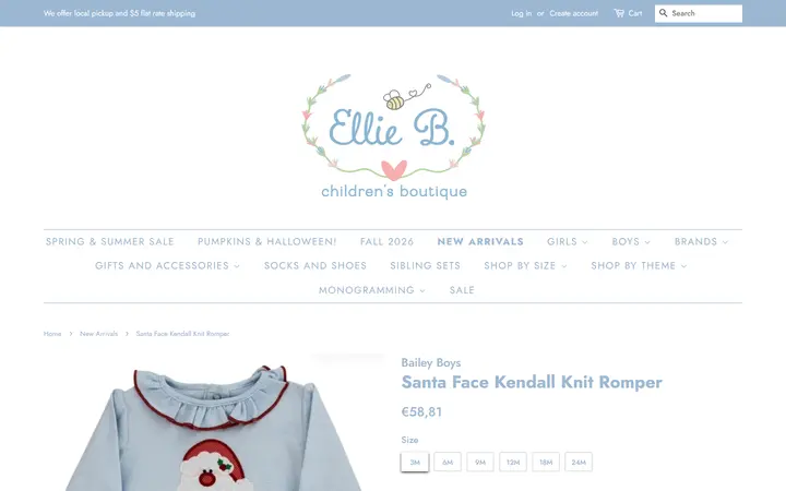 Website page titled Santa Face Kendall Knit Romper – Ellie B. Children's Boutique