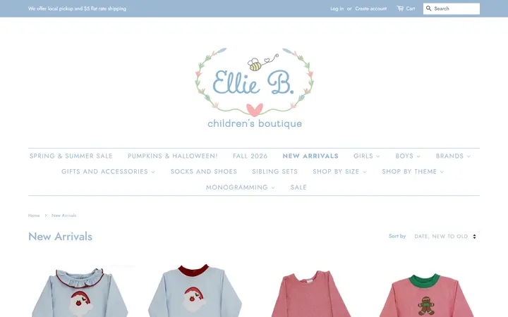 Website page titled New Arrivals – Ellie B. Children's Boutique