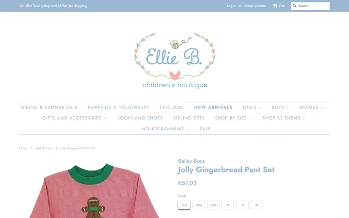 Website page titled Jolly Gingerbread Pant Set – Ellie B. Children's Boutique