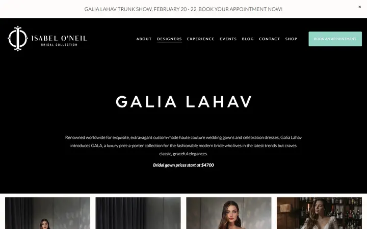 Website page titled GALA GALIA LAHAV — Isabel O'Neil Bridal Collection