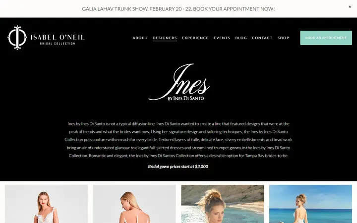 Website page titled INES BY INES DI SANTO — Isabel O'Neil Bridal Collection