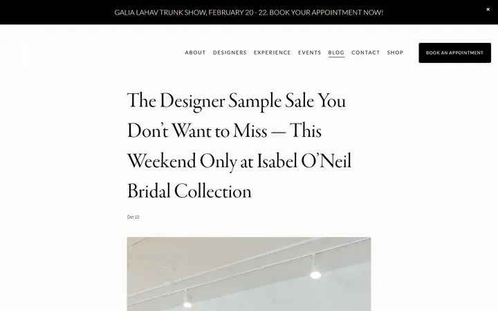 Website page titled Tampa Designer Sample Sale | Isabel O’Neil Bridal Collection — Isabel O'Neil Bridal Collection