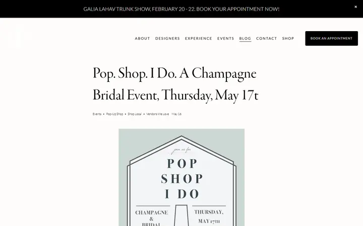 Website page titled Pop. Shop. I Do. A Champagne Bridal Event, Thursday, May 17t — Isabel O'Neil Bridal Collection