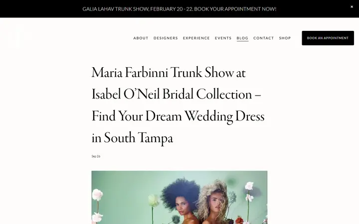Website page titled Maria Farbinni Trunk Show in Tampa | Isabel O’Neil Bridal Collection — Isabel O'Neil Bridal Collection