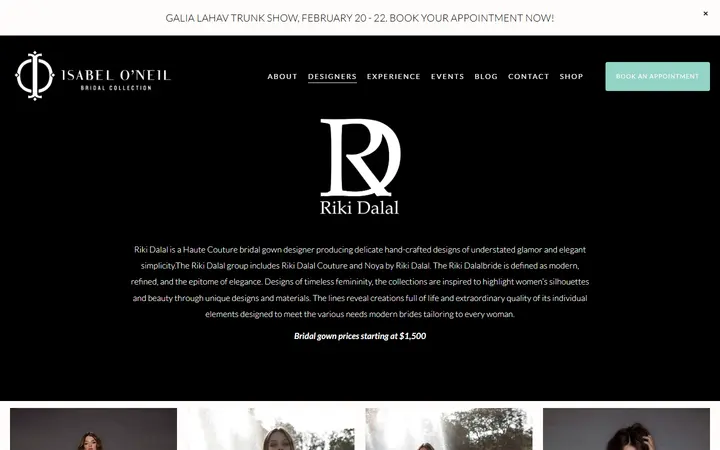 Website page titled RIKI DALAL — Isabel O'Neil Bridal Collection