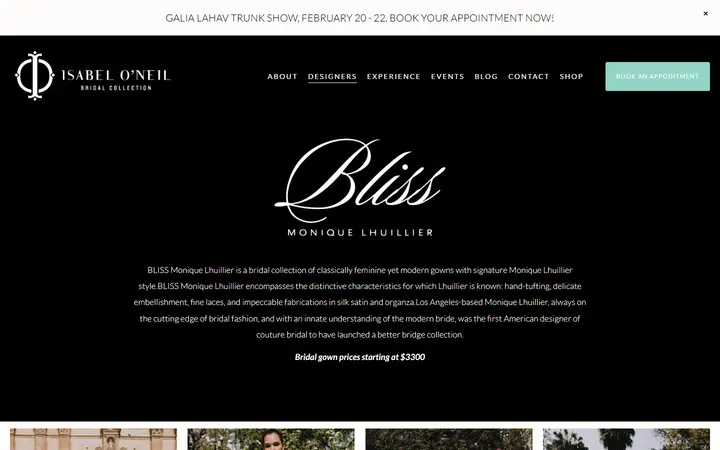 Website page titled BLISS MONIQUE LHUILLIER — Isabel O'Neil Bridal Collection