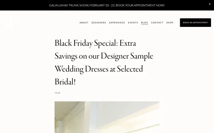 Website page titled Black Friday Special: Extra Savings on our Designer Sample Wedding Dresses at Selected Bridal! — Isabel O'Neil Bridal Collection
