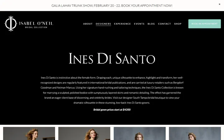 Website page titled INES DI SANTO — Isabel O'Neil Bridal Collection