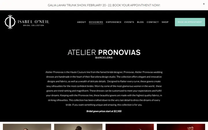Website page titled ATELIER PRONOVIAS — Isabel O'Neil Bridal Collection